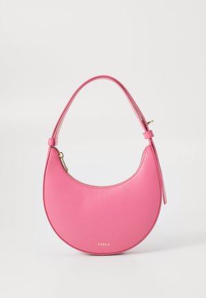 Pink leather handbag with a curved design, single adjustable strap, and gold logo accent. Smooth texture and minimalist style.