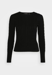 Černý svetr s copánkovým vzorem, dlouhými rukávy, kulatým výstřihem a žebrovaným lemem. Na těle má texturovaný vzor. Bez dalších ozdob.