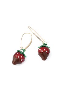 Gold drop earrings featuring red strawberry charms with green leaves, chocolate-dipped tips, and embedded clear rhinestones.