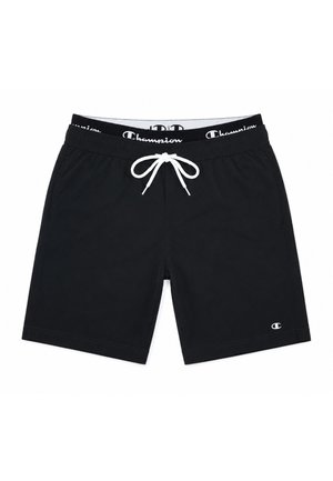 Sorte Champion badeshorts med hvid justerbar snor og synlig mærket indvendig linning. Lille Champion logo på venstre benkant.