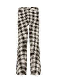 Zwarte en crèmekleurige broek met een houndstooth-patroon, met een wijde pijp en een elastische tailleband; de stof lijkt textuur te hebben en is lichtgewicht.