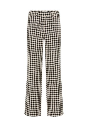 Sort og creme houndstooth-mønstrede brede bukser med elastisk talje; stoffet fremstår struktureret og let.