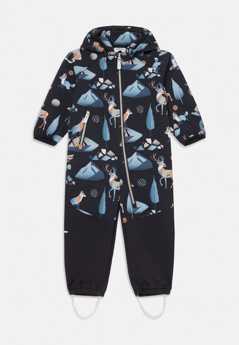 Σκούρο μπλε μπουφάν με επένδυση και φερμουάρ μπροστά, με πολύχρωμα σχέδια βουνών και ζώων. Οι μανσέτες και οι ποδείεσ έχουν ελαστικές τελειώσεις για ζεστασιά.