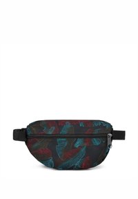 Musta vyölaukku, jossa on punaisia ja teal-värisiä lehtikuvioita, varustettuna vetoketjullisella sulkemisella ja säädettävällä hihnalla. Valmistettu kestävästä kankaasta.