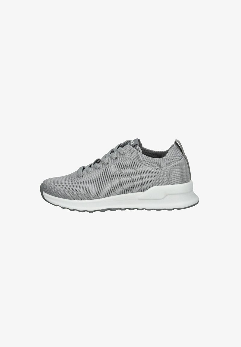 Gray athletic shoes with a breathable mesh upper, white midsole, and textured rubber outsole. Features a round logo and lace-up design.