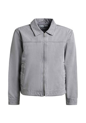 Light gray casual jacket with full front zipper, collar, long sleeves, and two side pockets, displayed on a white background.