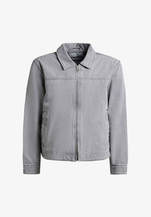 Light gray casual jacket with full front zipper, collar, long sleeves, and two side pockets, displayed on a white background.