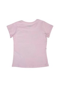 T-shirt en coton rose avec des manches courtes, un col rond et une texture lisse. Le dos a un design simple et sans ornements.