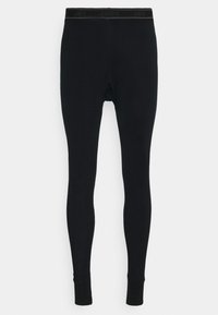 Black thermal leggings made of soft, stretchable fabric. Features a wide elastic waistband with branding and fitted cuffs at the ankles.