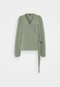 Blouse enveloppante à manches longues de couleur vert clair avec un col en V, des poignets froncés et un nœud sur le côté, présentée sur fond blanc.