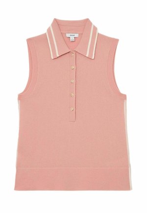 Varrukateta roosa kudumispolo, millel on soonikservad allääres ja käeaugus, ees nööbid ja krae, millel on kaks valget triipu.