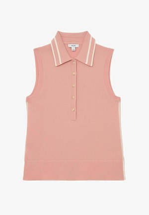 Ružové pletené polo bez rukávov s rebrovaným lemom a otvormi na ruky, s gombíkovou légou a golierom s dvoma bielymi pruhmi.