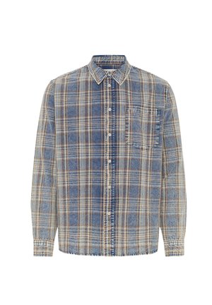 Camicia a quadri a maniche lunghe con bottoni, nei colori blu, beige e marrone, con taschino frontale e colletto classico.
