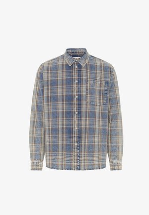 Langærmet skjorte med knapper i tern i blå, beige og brun med en brystlomme foran og klassisk krave.