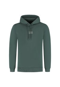 Hoody in donkergroen, met een textuurstof, ribgebreide mouwen en een logo op de borst. Er zijn koordjes aanwezig bij de hals.