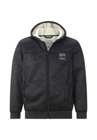 Black hoodie jacket with a zip front, textured fabric, fleece lining, side pockets, and a logo patch on the chest.