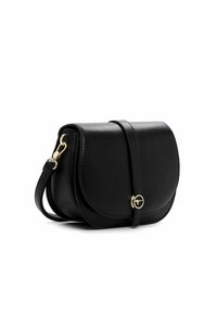 Black leather crossbody bag with a curved flap, gold hardware, and a long strap. Smooth texture with a decorative closure detail.