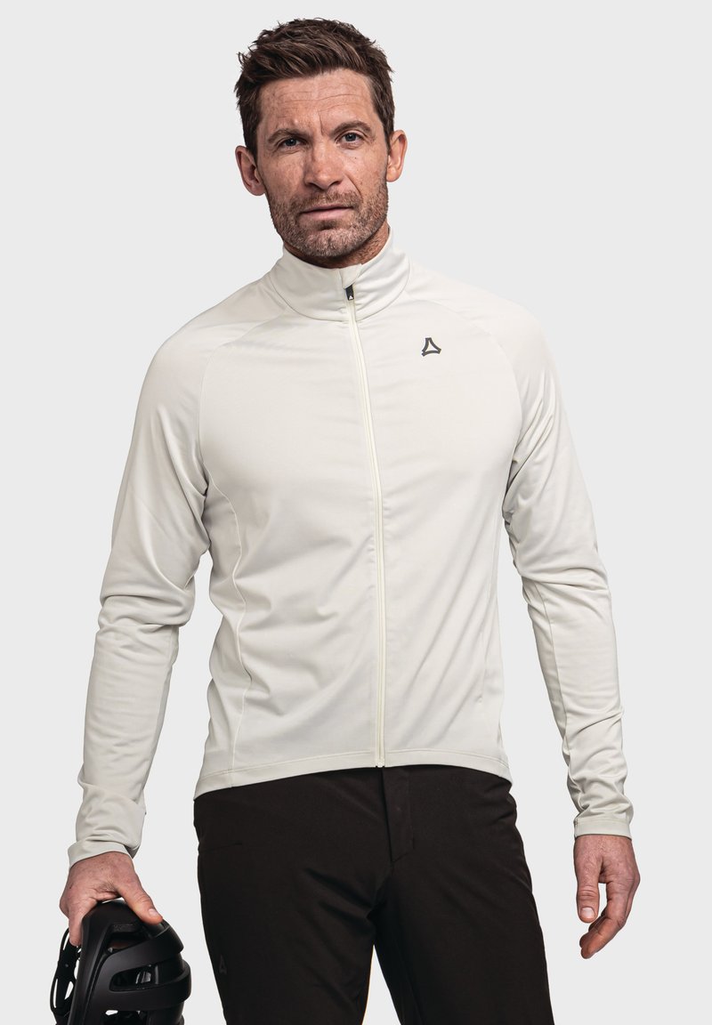 Leichte, mit Reißverschluss versehene Jacke mit langen Ärmeln in Hellgrau, ausgestattet mit einer glatten Textur, einem schlanken Design und einem dezenten Logo auf der Brust.