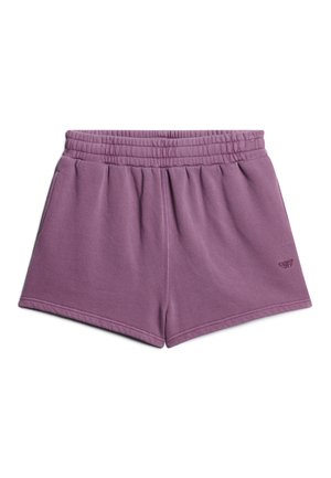 Pantaloncini in cotone con elastico in vita di colore viola, con un piccolo logo sulla gamba sinistra inferiore, mostrati su uno sfondo bianco.