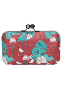 Punainen käsilaukku, jossa on kukkakuosi, jossa on turkoosit lehdet ja vaaleanpunaiset kukat. Metallikehys, jossa on kaksinkertainen pyöreä lukko, sileä pinta.