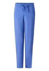 Blaue, lässige Damenhosen mit einem Kordelzugbund und geraden Beinen, aus weichem, bequemem Stoff gefertigt.