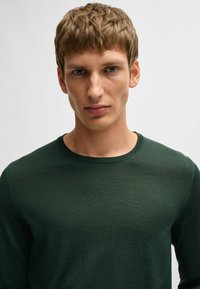 Maglione verde lavorato a maglia con scollo rotondo, maniche lunghe, texture liscia e design aderente. Nessun motivo o dettaglio visibile.