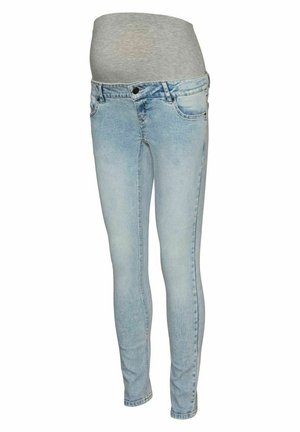Maternity jeans made of light blue denim, featuring a stretchy grey waistband and slim fit design with front pockets.