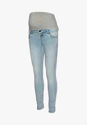 Maternitātes džinsi no gaiši zila denima, ar elastīgu pelēku jostas daļu un šaura piegriezuma dizainu ar priekšējām kabatām.