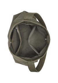 Olivgrüner Tote Bag mit einem oberen Öffnung, ausgestattet mit einer inneren Reißverschlusstasche und zwei Fächern, aus strukturiertem Material hergestellt.