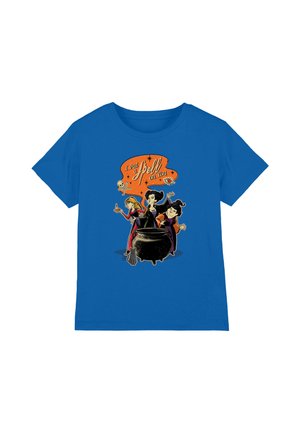 Blue cotton t-shirt featuring black witches and a cauldron, with an orange speech bubble stating "I put a spell on you."