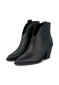 Stivaletti in pelle nera con punta affusolata, lati aperti, cuciture decorative e tacco a blocco. Presentano un pratico passante sul retro e una chiusura con zip.