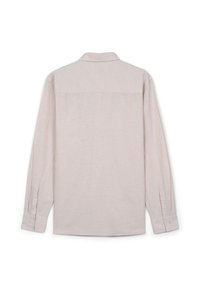 Camicia a maniche lunghe color beige chiaro con una texture morbida, design con colletto, polsini abbottonati e schiena semplice. Stile minimalista senza motivi.