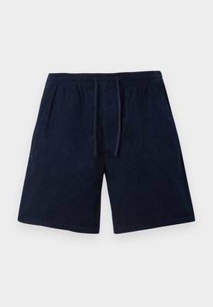 Șorturi bleumarin cu talie elastică și șnur. Fabricate dintr-un material moale, având o textură netedă și buzunare laterale.
