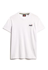 Hvid bomulds t-shirt med korte ærmer, rund halsudskæring og et lille sort broderet logo på venstre bryst.
