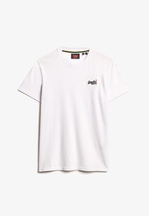 Witte katoen t-shirt met korte mouwen, een ronde hals en een klein zwart geborduurd logo op de linkerkant van de borst.