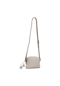 Borsa a tracolla in beige chiaro con motivo su tutta la superficie, texture liscia, dettagli con frange, tracolla regolabile e chiusura con zip.