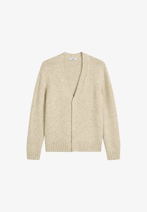 Beige Strickjacke mit V-Ausschnitt, gerippten Bündchen und Saum, ausgestattet mit sechs Knöpfen auf der Vorderseite und einer gemusterten Textur.