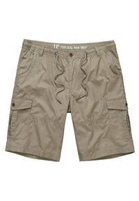 Beige cargoshorts van lichtgewicht stof, met een elastische tailleband, trekkoorden, zijzakken en gestileerde stiksels.