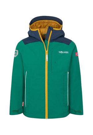 Kinder-Winterjacke in Grün und Marineblau mit gelbem Reißverschluss, Kapuze, Trollkids-Logo und norwegischen Flaggenaufnähern auf den Ärmeln.