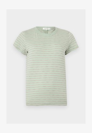 Jasnozielona koszulka z krótkim rękawem z cienkimi białymi i brązowymi poziomymi paskami oraz okrągłym dekoltem.