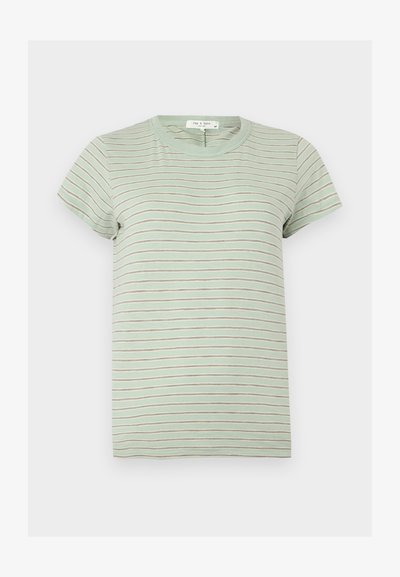 Ανοιχτοπράσινο κοντομάνικο T-shirt με λεπτές λευκές και καφέ οριζόντιες ρίγες και στρογγυλή λαιμόκοψη.