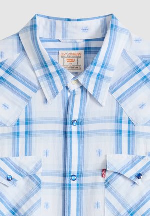 Blue and white plaid Levi's button-up shirt with collar, chest pockets, and small embroidered bee patterns.