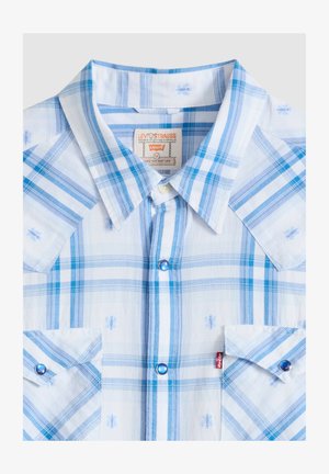 Blue and white plaid Levi's button-up shirt with collar, chest pockets, and small embroidered bee patterns.