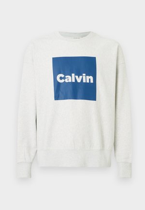 Lichtgrijze sweatshirt met een blauw rechthoekig logo waarop het woord "Calvin" in het wit staat. Zachte stof, ribgebreide mouwen en onderkant. Casual ontwerp.