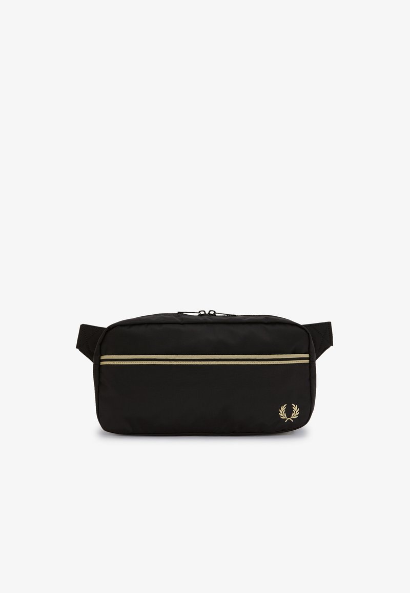 Bolsa de cintura negra con rayas horizontales beige, compartimentos con cremallera, correas ajustables y un pequeño logo de corona de laurel en la parte delantera inferior derecha.