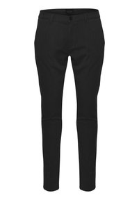 Svarta smalpassande byxor i texturerat tyg. Har en knapp- och dragkedjestängning, slät front och snedställda sidofickor.
