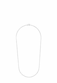 Collana in metallo argentato con un design rotondo, sottile e liscia. Presenta una chiusura a forcella; aspetto minimalista e leggero.
