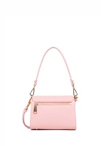 Borsa a tracolla in pelle rosa con tasca anteriore con zip, tracolla regolabile e minuteria color oro. Forma rettangolare compatta e moderna.
