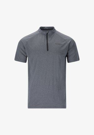 Kurzärmeliges, graues Sportshirt mit Reißverschlusspulloverkragen, strukturiertem Stoff und dezentem Logodesign auf der Brust.