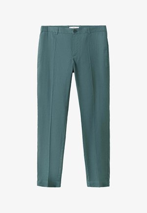 Pantalones ajustados de color azul verdoso con cierre de botones, trabillas para cinturón, bolsillos delanteros y pliegues prensados a lo largo de las piernas.